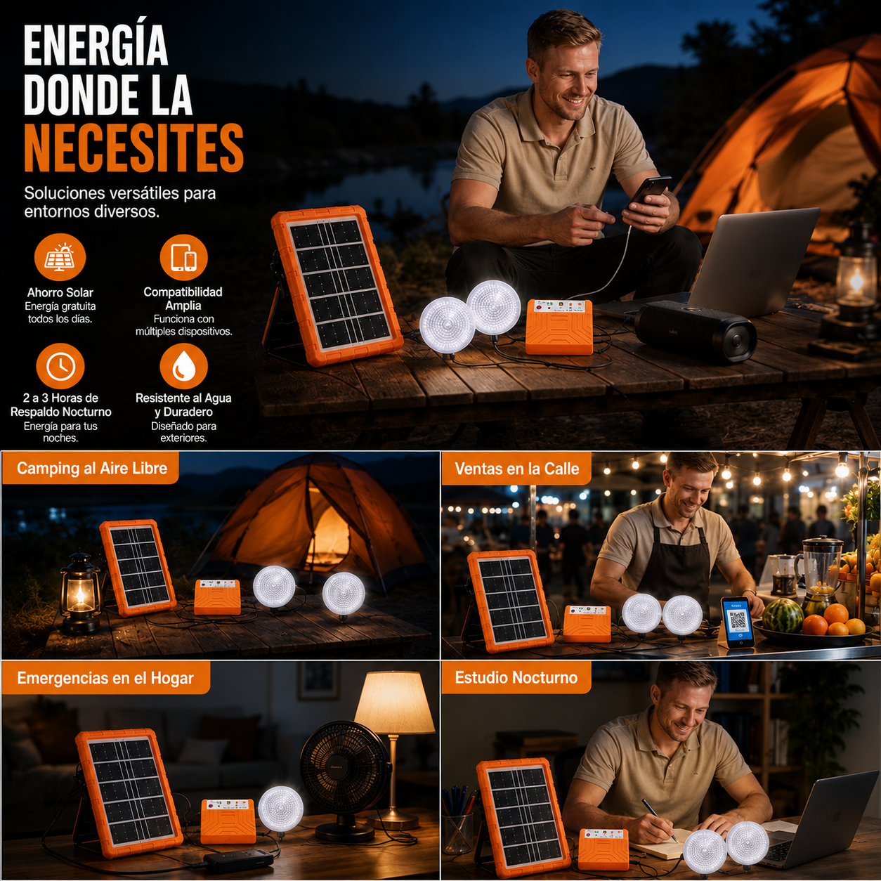 Kit De Energía Solar Portátil Con 2 Lámparas  LED incluidas