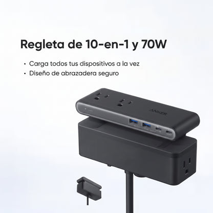 Regleta de enchufes 10 en 1 con pinza y carga USB-C, toma de corriente de escritorio con protección contra sobretensiones.