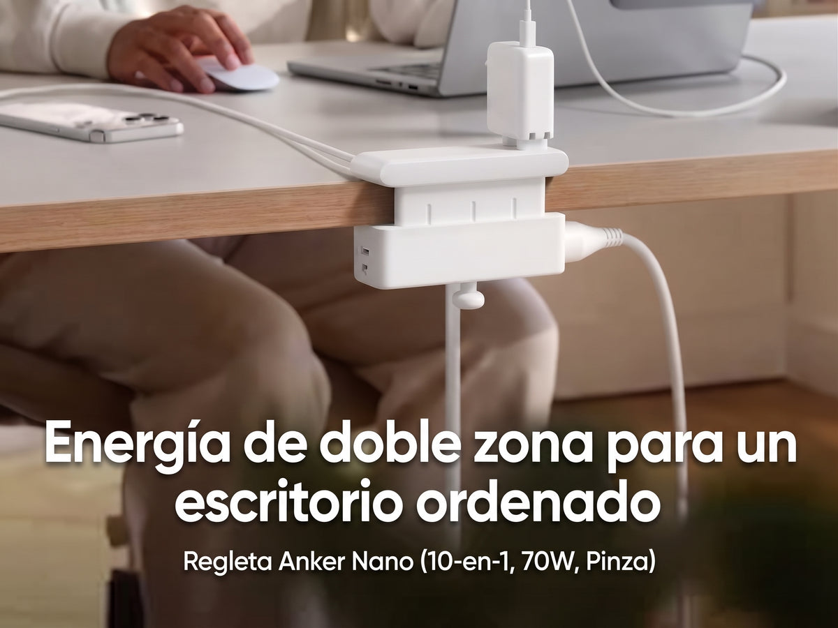 Regleta de enchufes 10 en 1 con pinza y carga USB-C, toma de corriente de escritorio con protección contra sobretensiones.